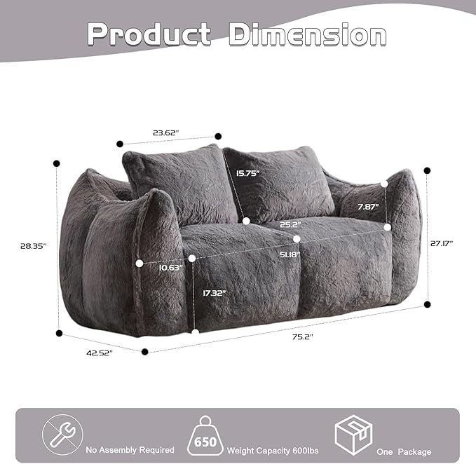 Alpen 75 Couch Loveseat Boneless Sofas with Armrests Faux Rabbit Fur Fabric Couches with Tufted Cushion &amp Backrest Sofa in a Box Large Bean Bag Chair for Bedroom Living Room Grey