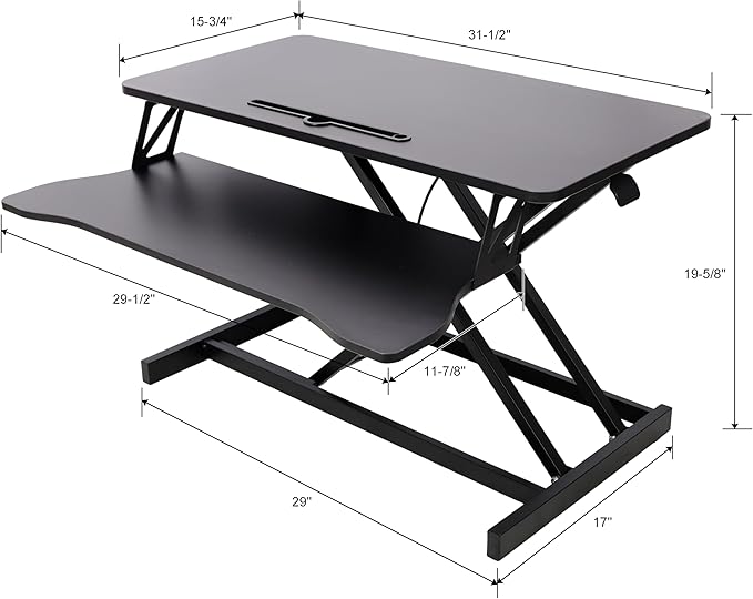 32 Inch Height Adjustable Stand Up Laptop Desk Converter Heavy Duty Standing Computer Workstation Riser with Removable Keyboard Tray for Home Office Workshop Spacious Platform for Monitor Black