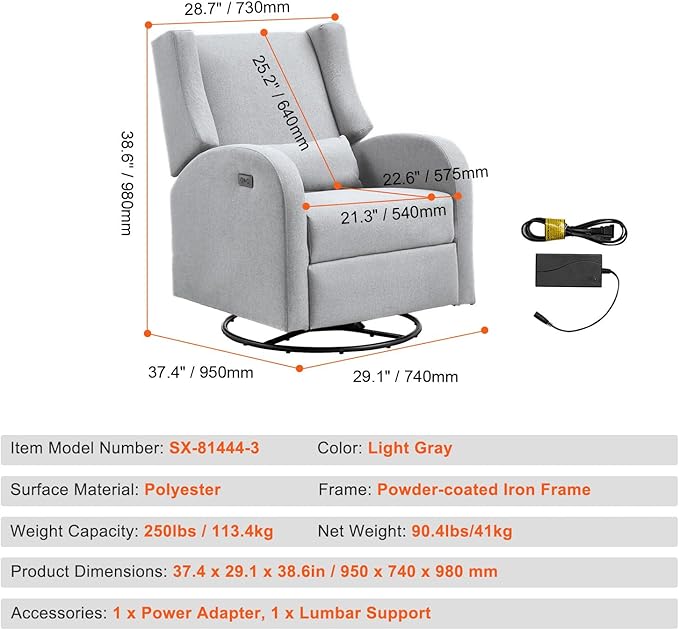 Happybuy Electronic Power Recliner and Swivel Glider 250 lbs Weight Capacity Swivel Glider Recliner Chair with USB Port Polyester Surface Ideal for Living Room Bedroom Light Gray