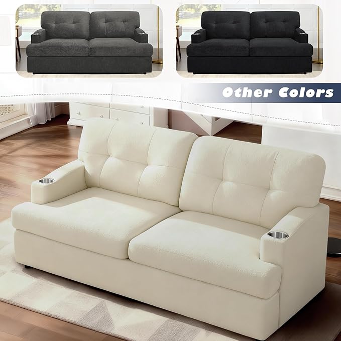 65.5 Chenille Modern Sofa with Cup Holder Tufted Upholstered Couch with Thickened Cushions Comfy 3 Seater Sofa with Deeper Seat for Living Room ApartmentBeige