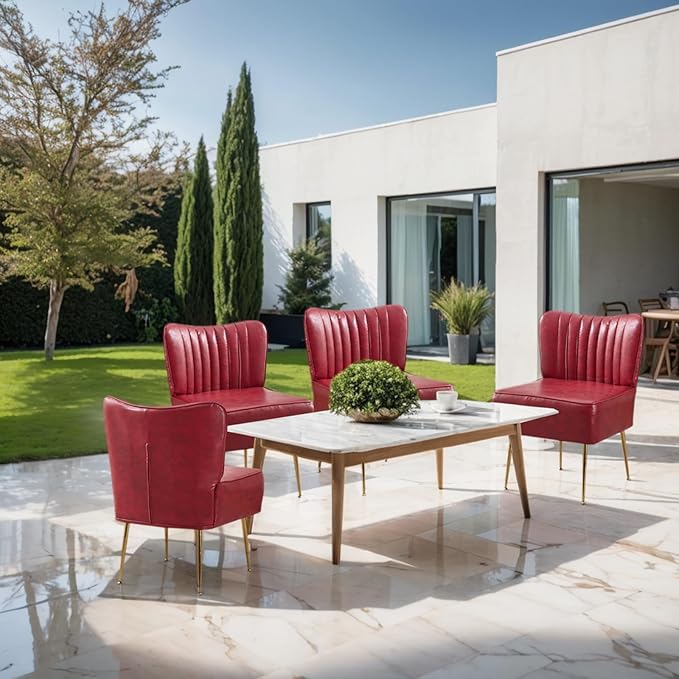 PU Leather Armless Accent Chair Set of 3Modern Comfy Living Room Slipper Chairs with Golden LegsUpholstered Single Sofa Wingback Side Corner Chair for BedroomSmall SpaceWine Red