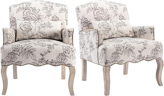 Floral Accent Chairs Set of 2 Farmhouse Upholstered Armchair Linen Reading Chair Mid Century Modern Single Sofa Chair with Pillow for Bedroom/Living Room/Fireplace Beige