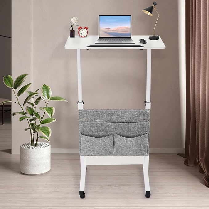 Mobile Standing Desk Rolling Laptop CartPortable Table with Wheels White Computer Workstation for Home Office