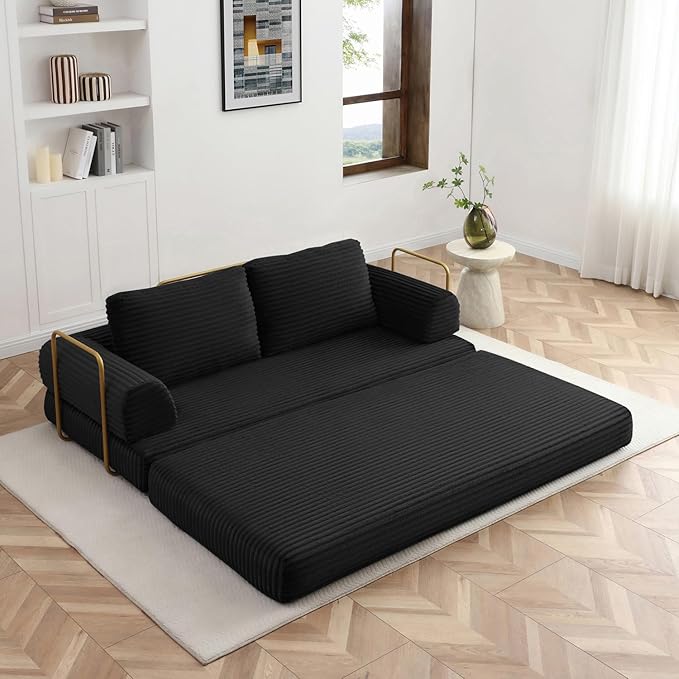HANXIN 80 Inch Convertible Sleeper Sofa Bed High Back Plush Corduroy Folding Floor Mattress Couch with Fixed-Shape Frame Boneless Futon Loveseat with Pull Out Bed No Assembly Required (Black)