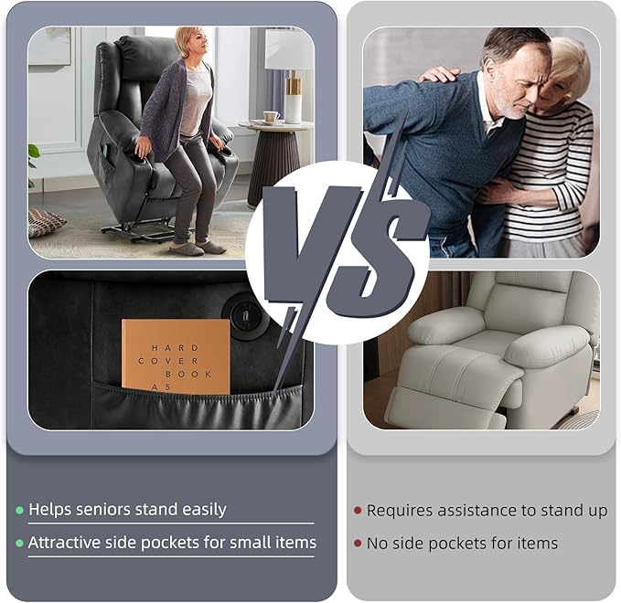 Power Lift Recliner Chair for Elderly Electric Recliner Chairs for Adults with Massage and Heat Cup Holders Remote Control USB Ports Side Pockets Leather (Aluminum Gray)