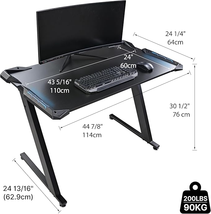 EUREKA ERGONOMIC Gaming Desk with LED Lights Home Office RGB Table Small Gaming Desk Computer Table Black