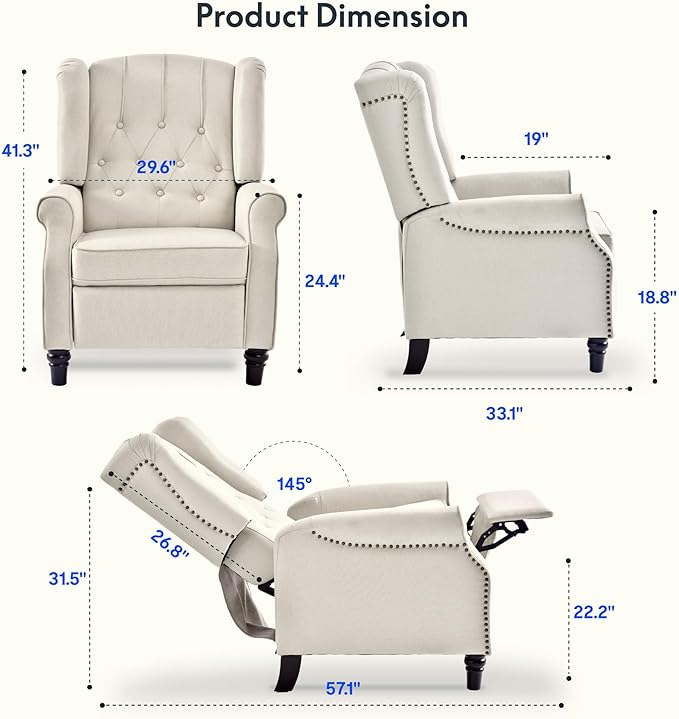 FLEXISPOT XC5 Pushback Recliner Chair for Adults Mid Century Wingback Accent Chair with Rivet Decoration Tufted Upholstered Single Sofa Armchair for Living Room Bedroom Study (PU Brown)