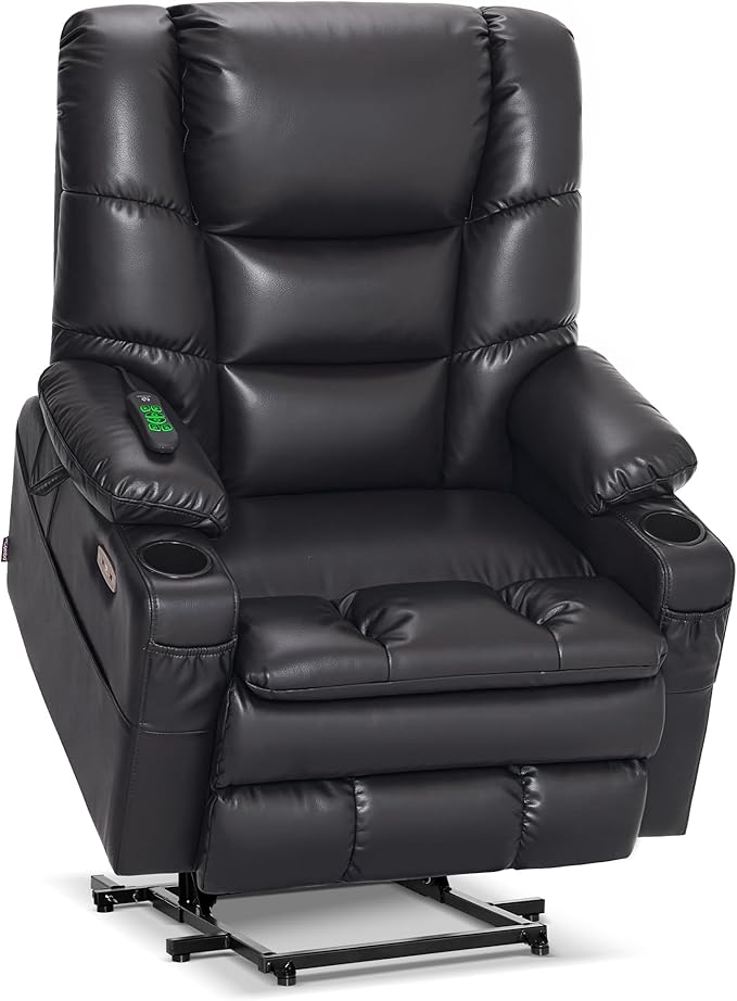 MCombo Oversized Triple Motor Power Lift Recliner Chair with Massage and Dual Heating Adjustable Headrest for Big and Tall Elderly People Faux Leather R7635 (Black Large-Oversize)