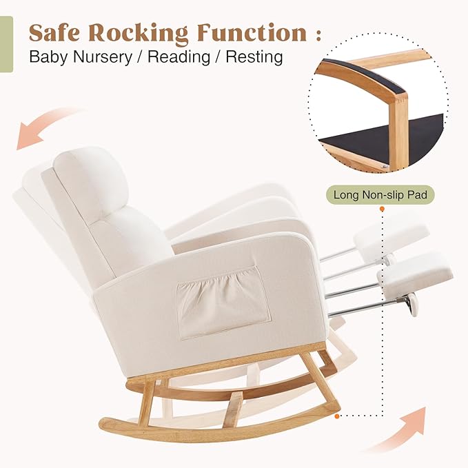 Rocking Chair Nursery Nursing Rocking Chairs with Foot Rest for Mom Nursery Glider Rocker Chair with Footrest and High Backrest for Living Room Bedroom Beige