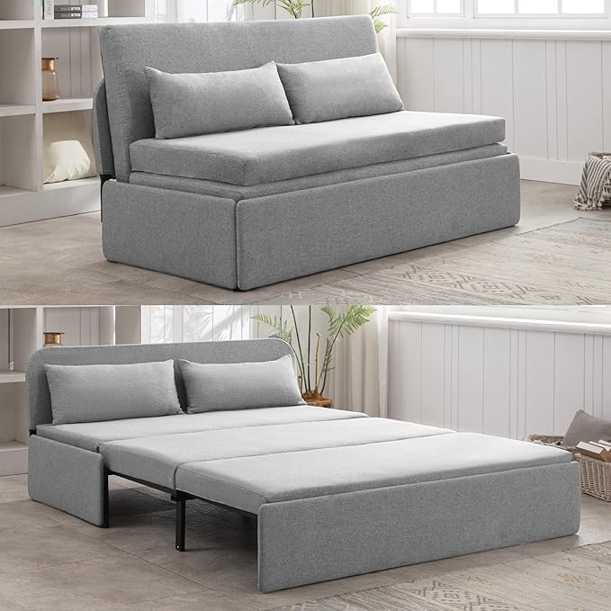 Mjkone 62 Width Pull Out Sleeper Sofa Bed Queen Size 2-in-1 Modern Convertible Linen Sofa Sleeper Pull Out Couch Bed with Cushions &amp Throw Pillows for Living Room Home Office Small Place Light
