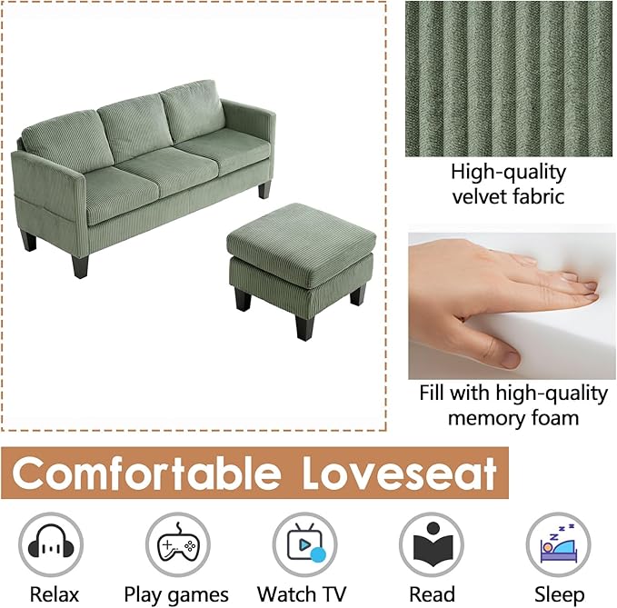 (New) 3 Seater Couch with Ottoman Green Couch with Removable Pillows Velvet Sofas with Side Pockets L Shaped Sofa for Living Room Apartment (Olive Green)