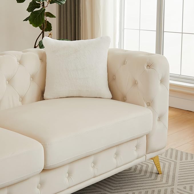 82.5'' Velvet Chesterfield Sofa Button Tufted Upholstered Sofa Couches with 2 Pillows Golden Metal Feets Removable Thick Cushions Comfy Chesterfield Couches for Living Room Apartment Beige