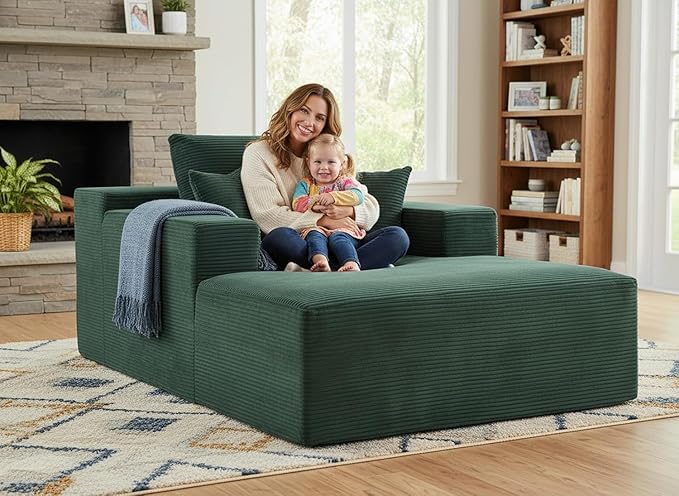 Monroe Convertible Chaise Lounge Chair Indoor – Oversized Corduroy Couch with Wide Armrest &amp Throw Pillows Cozy Boneless Sleeper Sofa Bed Armchair Dark Green