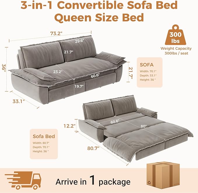 73.2 Queen Pull Out Sofa Bed Pullout Sofabed 3 in 1 Convertible Sleeper Couch Velvet Loveseat Futon with 2 Soft Pillows for Living Room Apartment Small Space