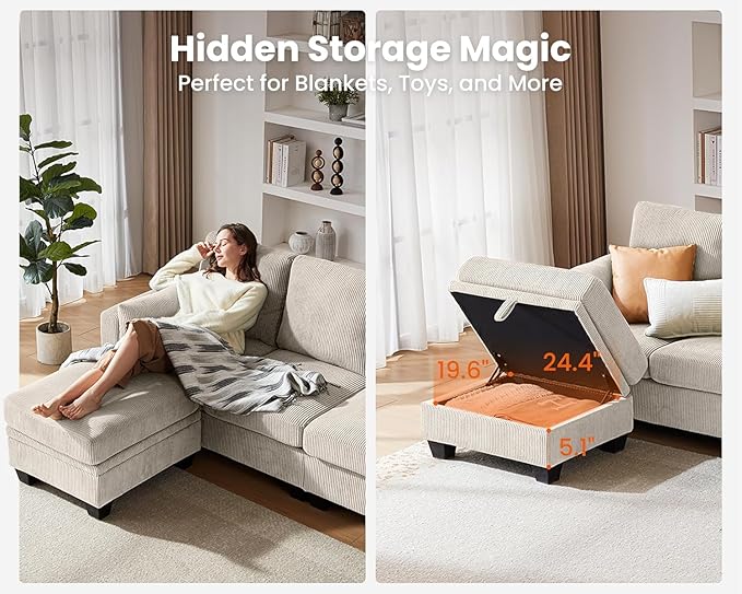 CHIC HOUSE Middle Module for Modular Couch Corduroy Customizable Chaise Storage Ottoman for Sectional Sofa Armrest Single/Double Seater