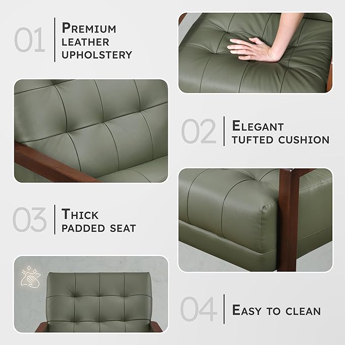 Lexicon Modern Accent Chair Luxury Genuine Leather Match Living Room Chair with Tufted Cushions Solid Wood Frame and Arm Rest Comfy Upholstered Single Seat for Bedroom/Reading/Office Green