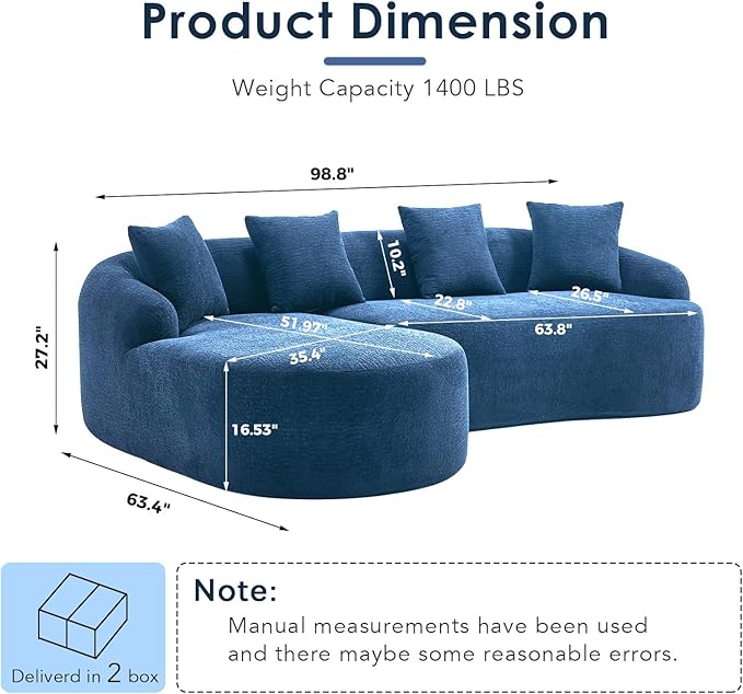 Curved Sectional Sofa Couch Oversized L Shape Deep Seat Cloud Couch Modern Chenille 4-Seater Sofa with Chaise No Assembly Required Couches for Living Room Apartment Office Navy Blue