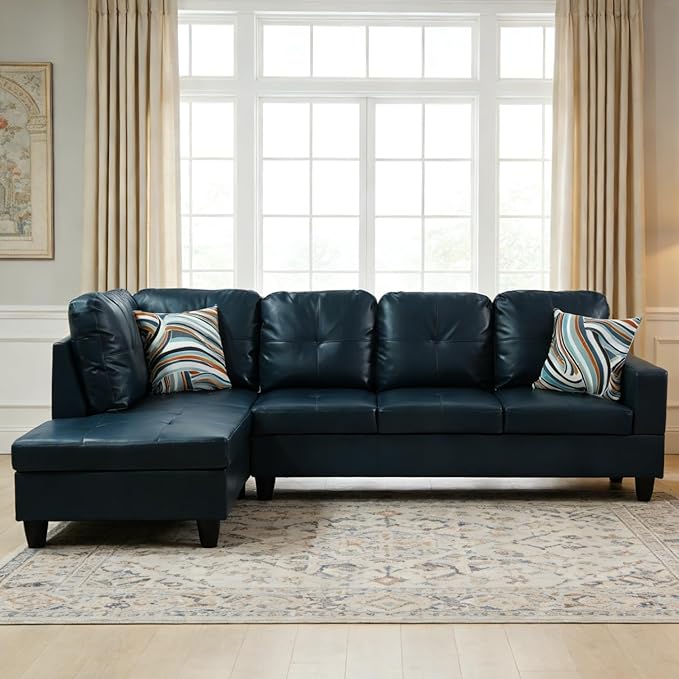 103.5 Inch Modern L-Shaped Couch PU Leather Sectional Sofa with Chaise Lounge 4-Seater Couch with Accent Pillows for Living Room Apartment Blue