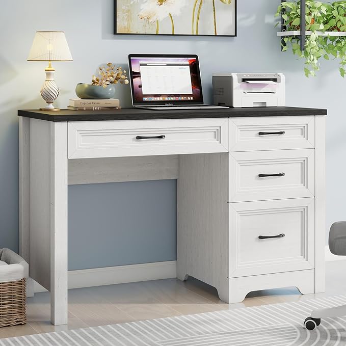 Farmhouse Executive Desk with Drawers Wood Computer Desk with Ample File Drawer Rustic Home Office Desk with Storage for Bedroom Living Room Black