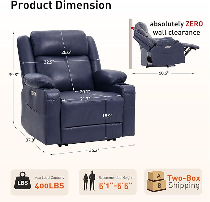 EONIX Wall Hugger Recliner for Small Space Real Zero Clearance Power Recliner Lazy Boy Recliner Chair with Cup Holders for RV Living Room Bedroom SXXY011990 Navy Blue