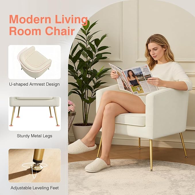 Velvet Accent Chair Modern Barrel Armchair with Gold Legs Upholstered Club Chairs for Living Room/Bedroom/Guest Reception White