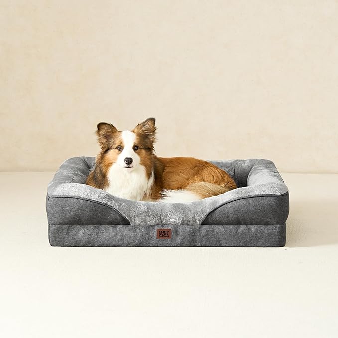 EHEYCIGA Orthopedic Dog Bed for Medium Dog 35x22x6.5 Inch Memory Foam Dog Couch Bed with Sides Waterproof Liner &amp Washable Removable Cover Bolster Pet Sofa Grey