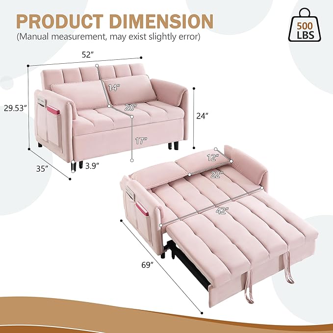 3 in 1 Convertible Sleeper Sofa Bed Modern Velvet Loveseat Pull-Out Couch Futon Love Seat Lounge Sofa with Pull-Out Bed &amp Adjustable Backrest and Side Pocket for Small Apartment Bedroom