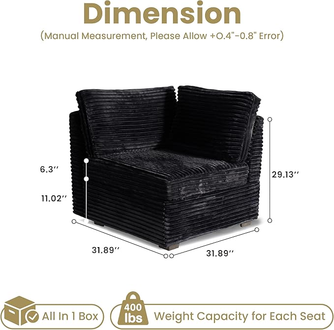 32.7'' Corner Seat for Modular Sectional Sofa Deep Seat Upholstered Convertible Sleeper Sofas L/U/V Shaped Plush Corduroy Cloud Couch for Living Room Apartment Black