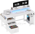 Lufeiya White Computer Desk with File Drawers Cabinet 55 Inch Home Office Desk with Monitor Stand Shelves Writing Study Gaming Desks with Led Lights and Power Outlets for Bedroom White
