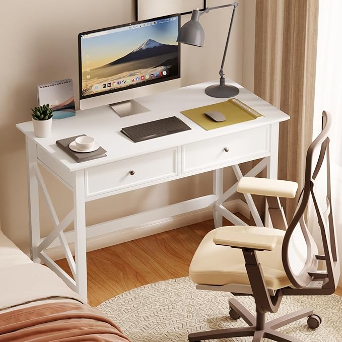 White Computer Desk with 2 Drawers Modern Makeup Vanity Desk with Storage Writing Desk for Home Office 42'' Long Study Simple White Desk for Bedroom Console Table Living Room