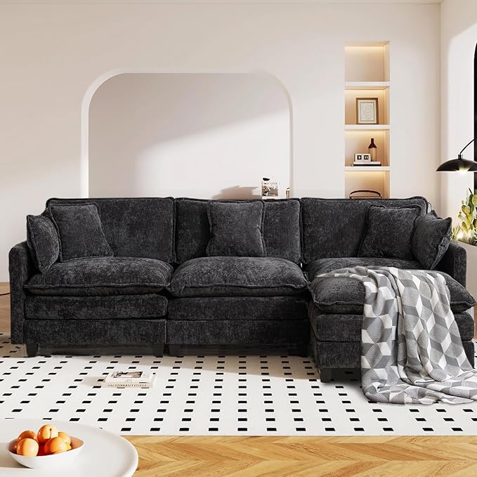 SoarFlash 113.78 Chenille Sectional Sofa Comfy L Shaped Modular Coush Sofa with Ottoman Modern 4 Seat Couch Deep Seat Sofa Set for Living RoomBlack
