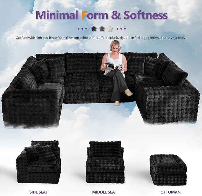 TYBOATLE 135’’ Boneless Slow-Rebound Memory Foam Couch Cloud Sectional Couches for Living Room w/Upgraded Fabric Comfy Deep Seat Fluffy U Shaped Modular Sectional Sofa w/Chaise