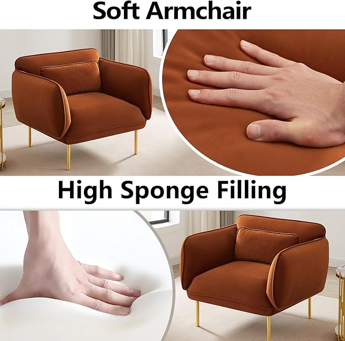 Oversized Accent Chair for Office Brown Side Chair &amp Soccasional Chairs for Living Room Comfortable Chair for BedroomVelve Club Chairs with Gold Legs Lumbar Pillow (Brown)
