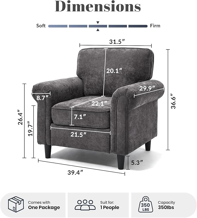 Kingfun Living Room Arm Chair Modern Accent Chairs Cloud Single Sofa Spring Seat Cushion Comfy Lumber Pillow Chenille Fabric Removable Cover Soft Upholstered Furniture Home Apartment Grey