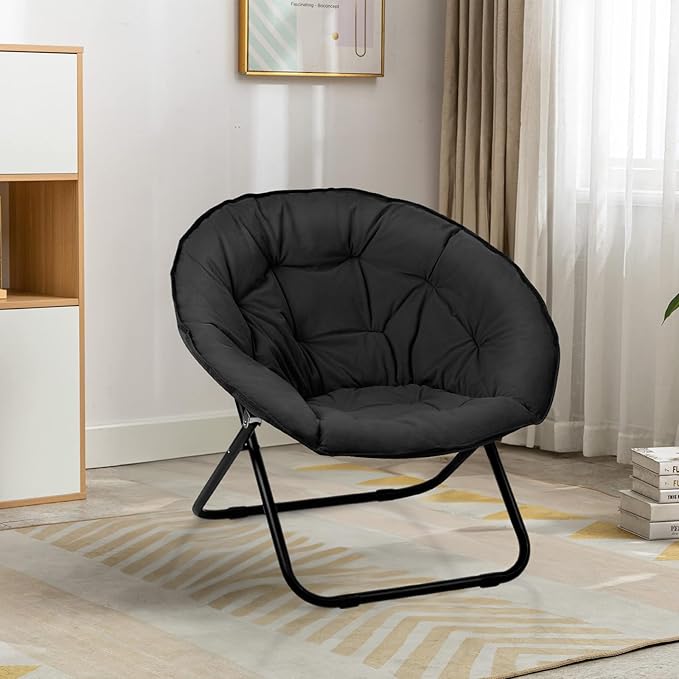 Round Foldable Moon Saucer Chair with 220lbs Weight Capacity Cozy Chair for Relaxing Gaming or as an Extra Seat for Guests Black