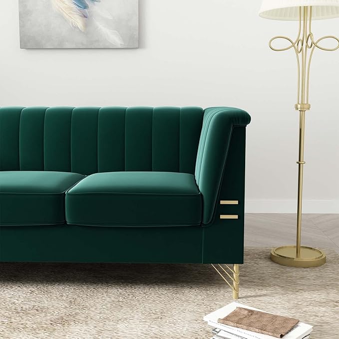 Tomkate Emerald Green Velvet Couch Sofa 83 Mid-Century Modern Tufted Chesterfield Sofa with Flared Arms and Removable Cushions Comfy 3 Seater Couch with Gold Metal Legs for Living Room (Green)