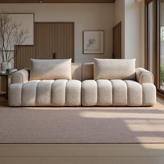 Minimalist Wabi Sabi Sectional Sofa Couch Modern Oversized 4-Seater Sofa Teddy Velvet Comfy Couch for Living Room Apartment Camel
