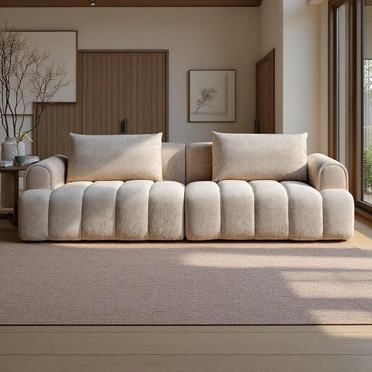 Minimalist Wabi Sabi Sectional Sofa Couch Modern Oversized 4-Seater Sofa Teddy Velvet Comfy Couch for Living Room Apartment Camel