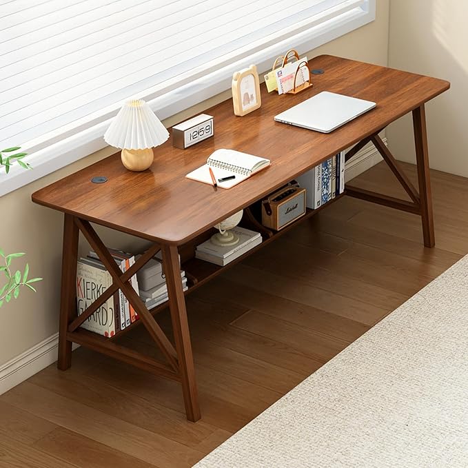 Extra Long Desk with Bookshelf - Wooden Home Office Work Study Table 2-Person Writing Computer Workstation with Storage Shelf in Walnut 63 Wx24 Dx30 H