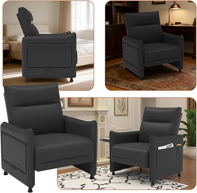 Faux Leather Accent Soft Chairs Set of 2 with Flip-Up Tray Table Side Pocket Ergonomic Soft Backrest &amp Elastic Cushion Modern Accent Chairs for Living Room Bedroom Black