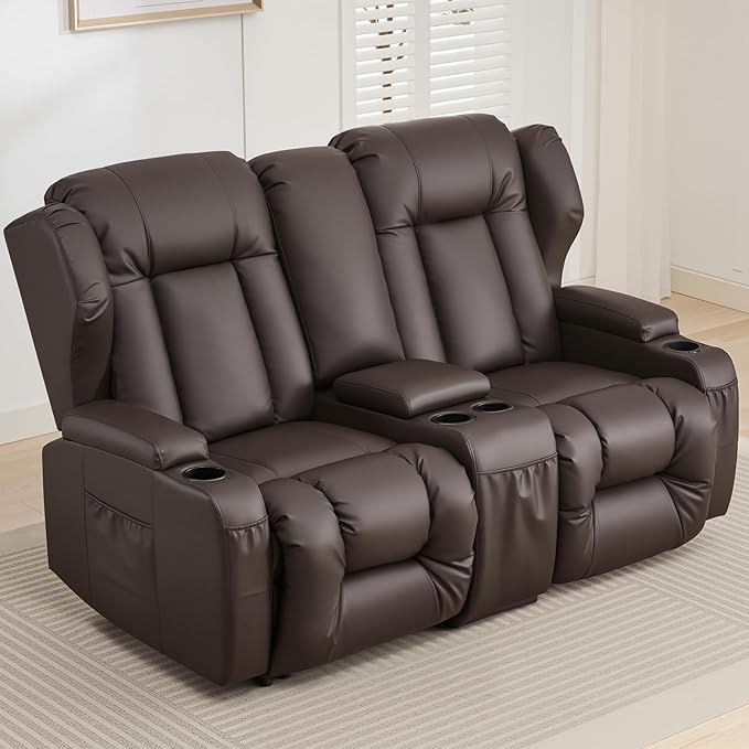 Loveseat Recliner SofaRV Wall Hugger Recliners for Small SpacesReclining Loveseat Sofa Recliner with Cup Holders/Lumbar PillowsRV Furniture (Brown Loveseat with Console)