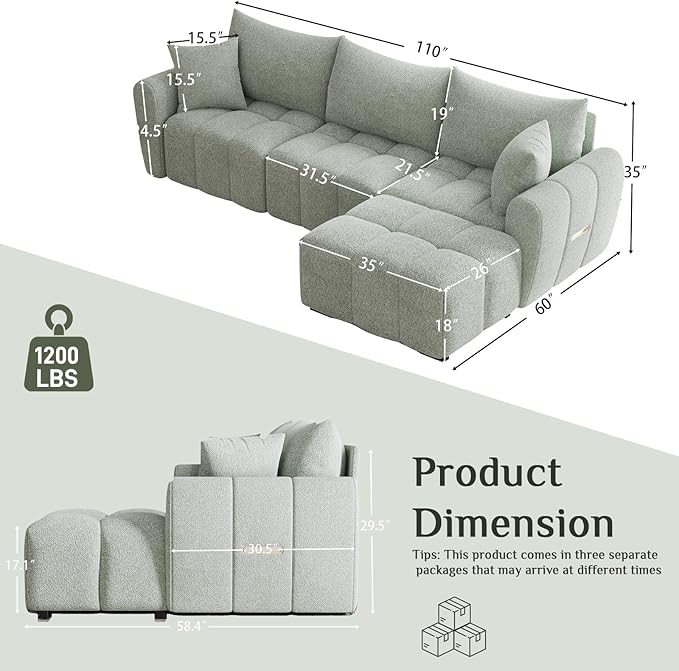 110 L Shaped Modern Boucle Sofa Modular Sectional Cloud Couch with Ottoman Tufted 4-Seat Deep Seat Sofa with Pillows for Living Room Bedroom and Apartment Light Green