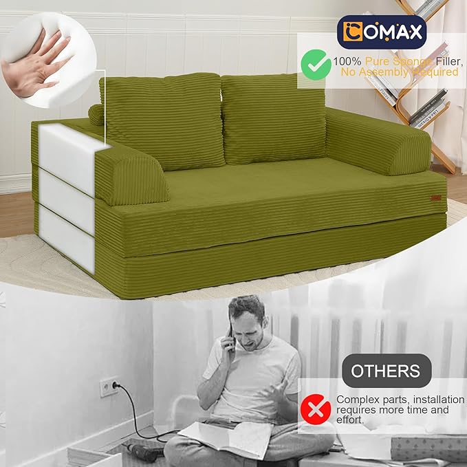 COMAX Convertible Sofa Bed Folding Floor Couch Corduroy Fold Out Couch Bed Futon Sleeper Mattress with Pillows Boneless Sofa Comfy Lounge Loveseat for Living Room Bedroom Light Green