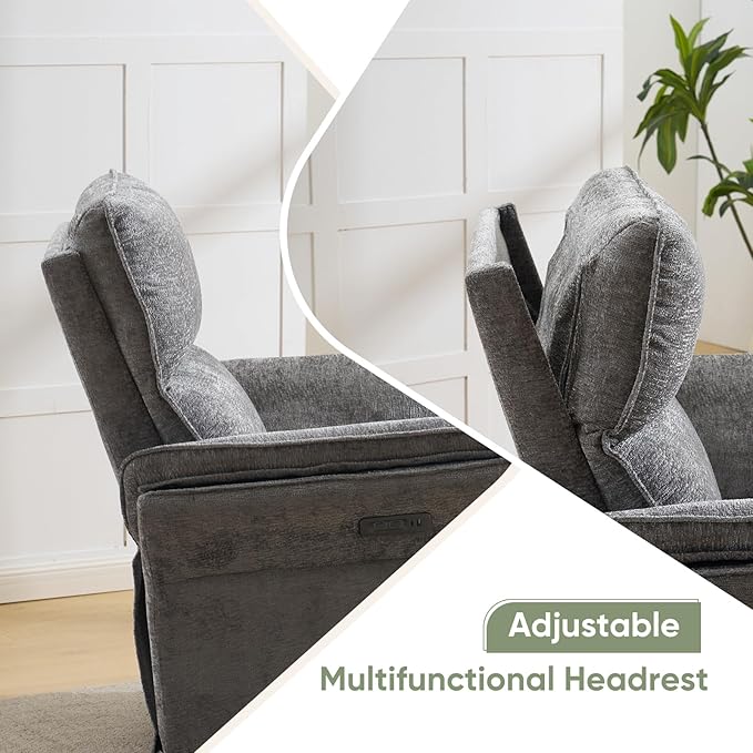 Oversized Power Recliner Chair Swivel Glider with Massage and Heat Rocker Nursery Recliner for Adults with Adjustable Headrest 26 Extra Wide Nursery Chair with Overstuffed Armrest Dark Grey