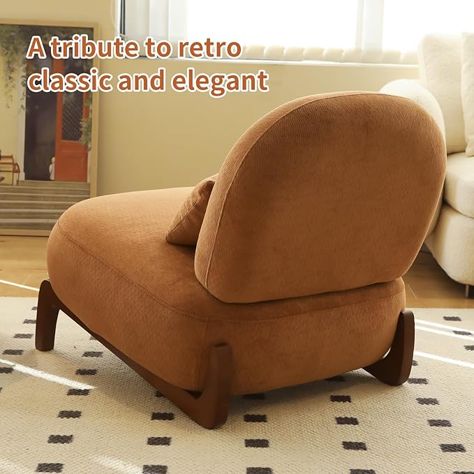 KEIKI Velvet Accent Chair with Solid Wood Legs Armless Cute Single Seat Sofa for Living Room Bedroom or Reading Nook Comfy Lounge Chair Caramel