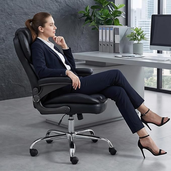 Office Desk Chair Executive Leather Office Chair High Back Ergonomic Home Desk Chair with Padded Flip-up Arms Big and Tall Computer Chair with Rocking Function 360°Swivel Free Black
