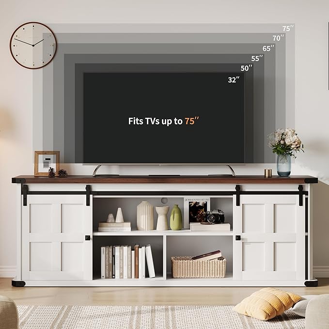 GAOMON 70 Farmhouse TV Stand for 80/75/70 Inch TVsEntertainment Center Storage Cabinets w/Power Outlets and Sliding Barn DoorRustic TV Stands for Living RoomMedia Console Cabinet (White+Wood)