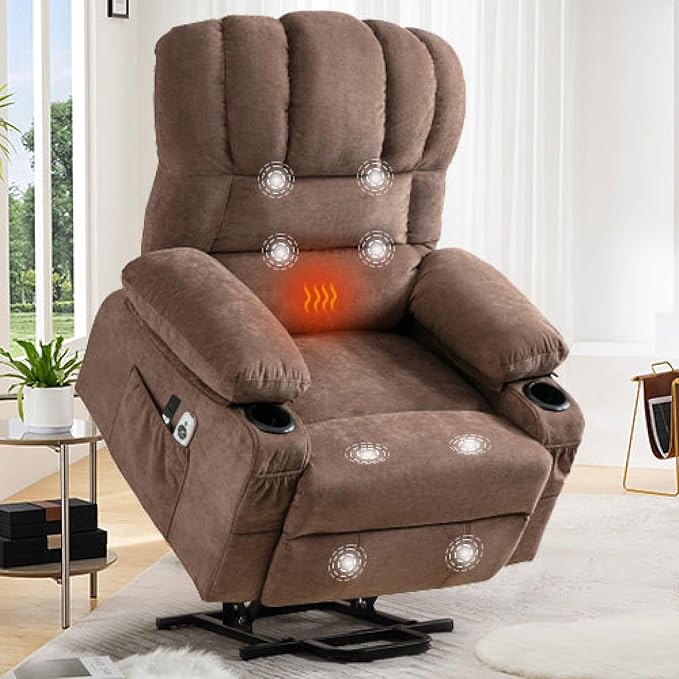 Power Lift Chaise LoungeModern Comfortable Massage Chair with HeatMulti Functional Reading Chair with Side Storage Pockets for for Living RoomBedroomStudyBrown.