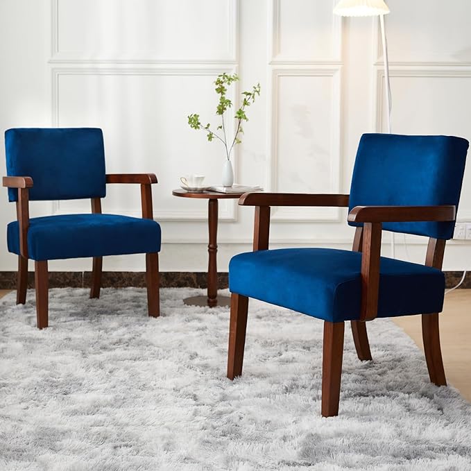 Accent Chair Set of 2 with Table Living Room Chairs with Velvet Soft Seat &amp Armrests for Living Room Bedroom Reading Room Waiting Room (Velvet Navy)