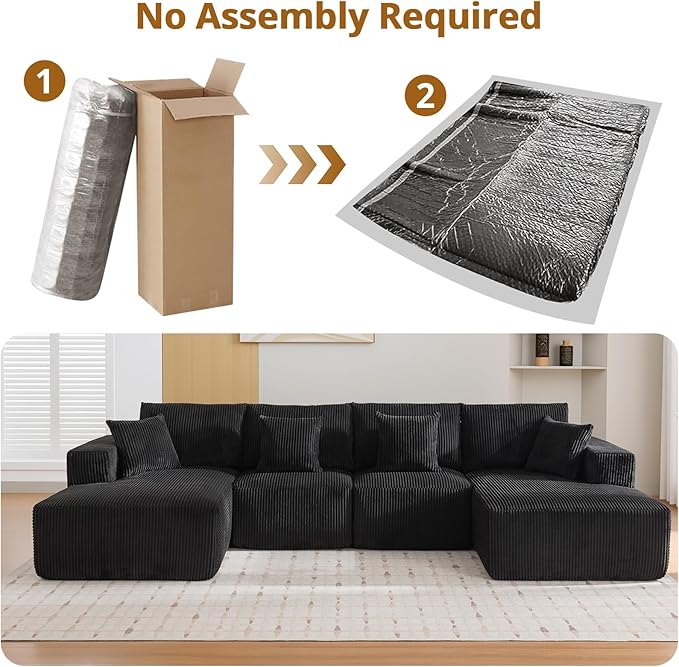 137 Sectional Cloud Couch Modular Modern U-Shaped Sofa with Chaise Lounge Corduroy Fabric No Assembly Required Convertible Compression Sleeper Sofa for Living Room Apartment Bedroom